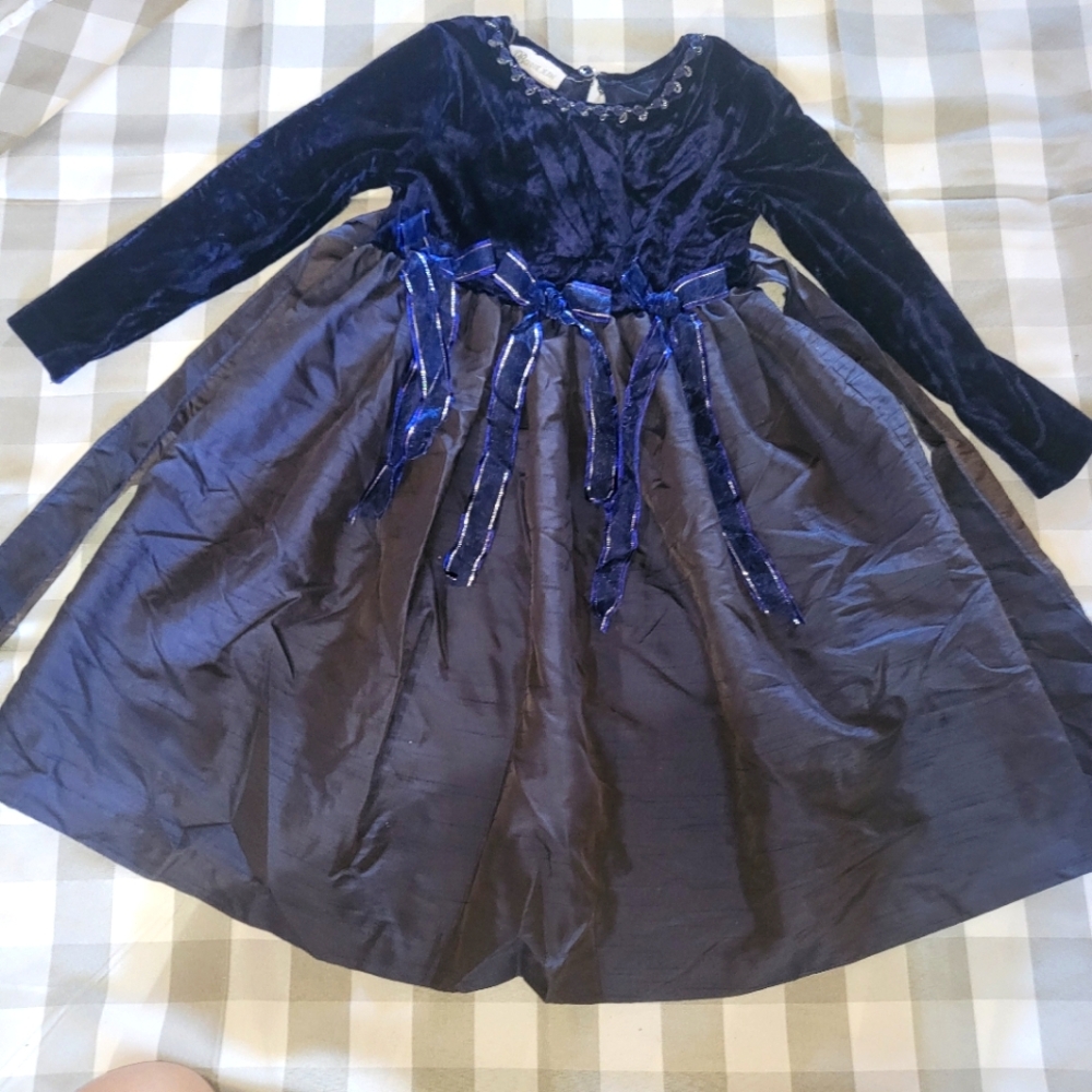 Vintage Girl's Bonnie Jean Navy Blue Velvet Sequin Bow Dress - Size 5